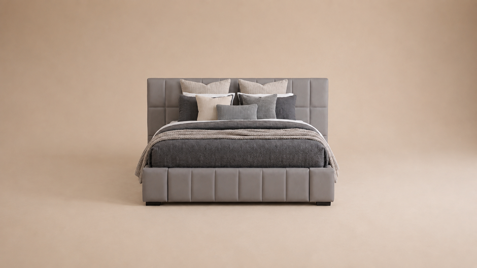 Grey PVC Leather Gas Lift Storage Bed Frame with Foldable Bench - Queen