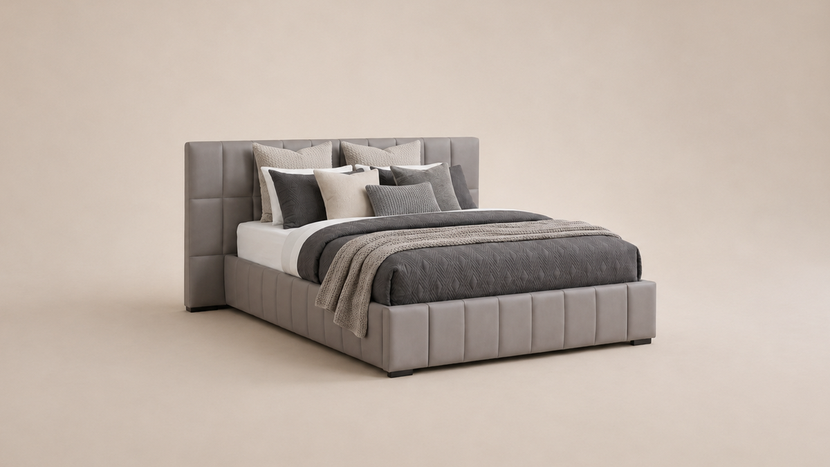 Grey PVC Leather Gas Lift Storage Bed Frame with Foldable Bench - Queen