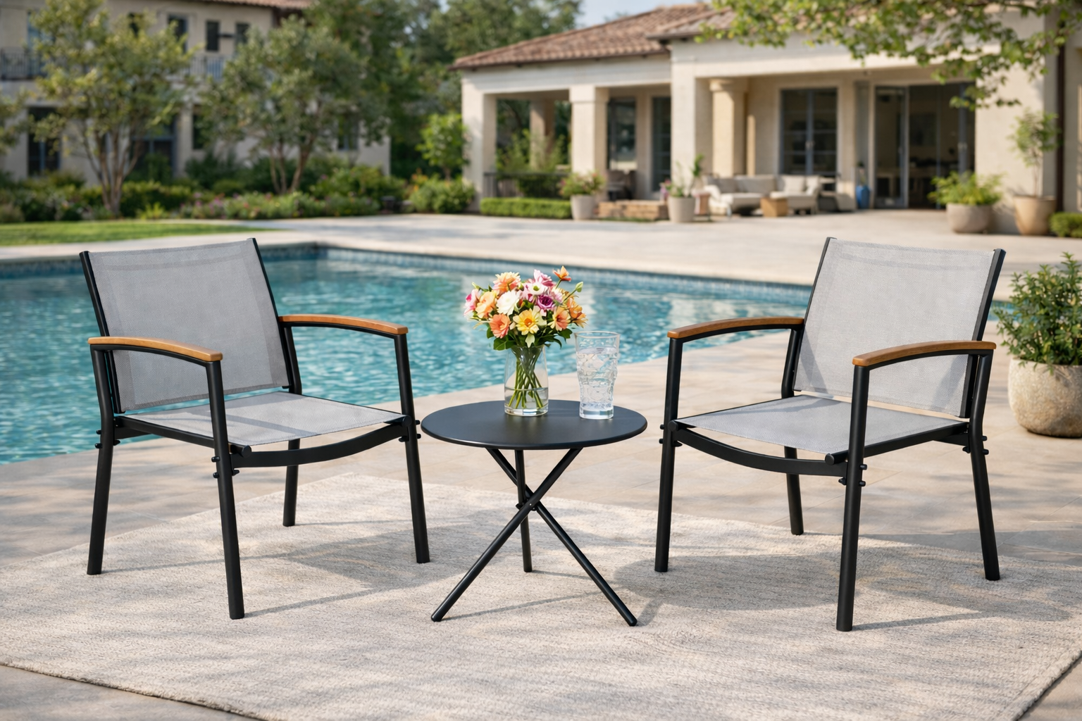 Black & Grey Textilene Outdoor Bistro Set (3-Piece)