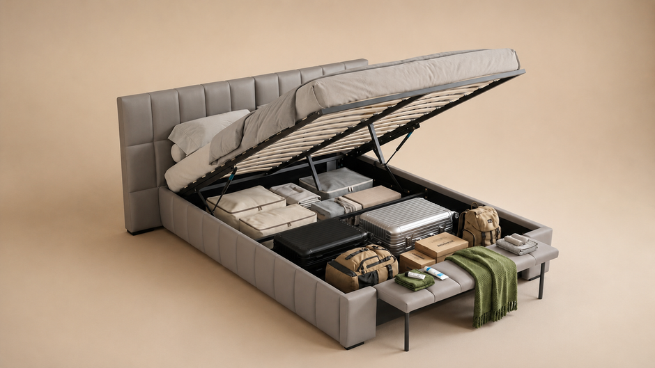 Grey PVC Leather Gas Lift Storage Bed Frame with Foldable Bench - Queen