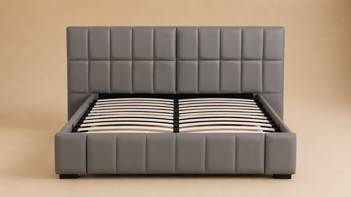 Grey PVC Leather Gas Lift Storage Bed Frame with Foldable Bench - Queen