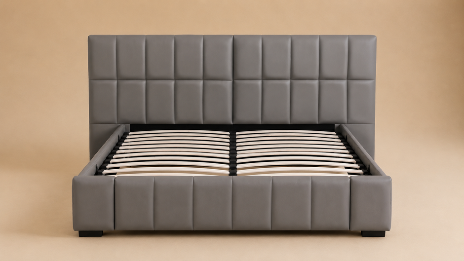 Grey PVC Leather Gas Lift Storage Bed Frame with Foldable Bench - Queen