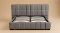 Grey PVC Leather Gas Lift Storage Bed Frame with Foldable Bench - Queen