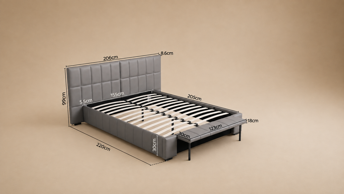 Grey PVC Leather Gas Lift Storage Bed Frame with Foldable Bench - Queen