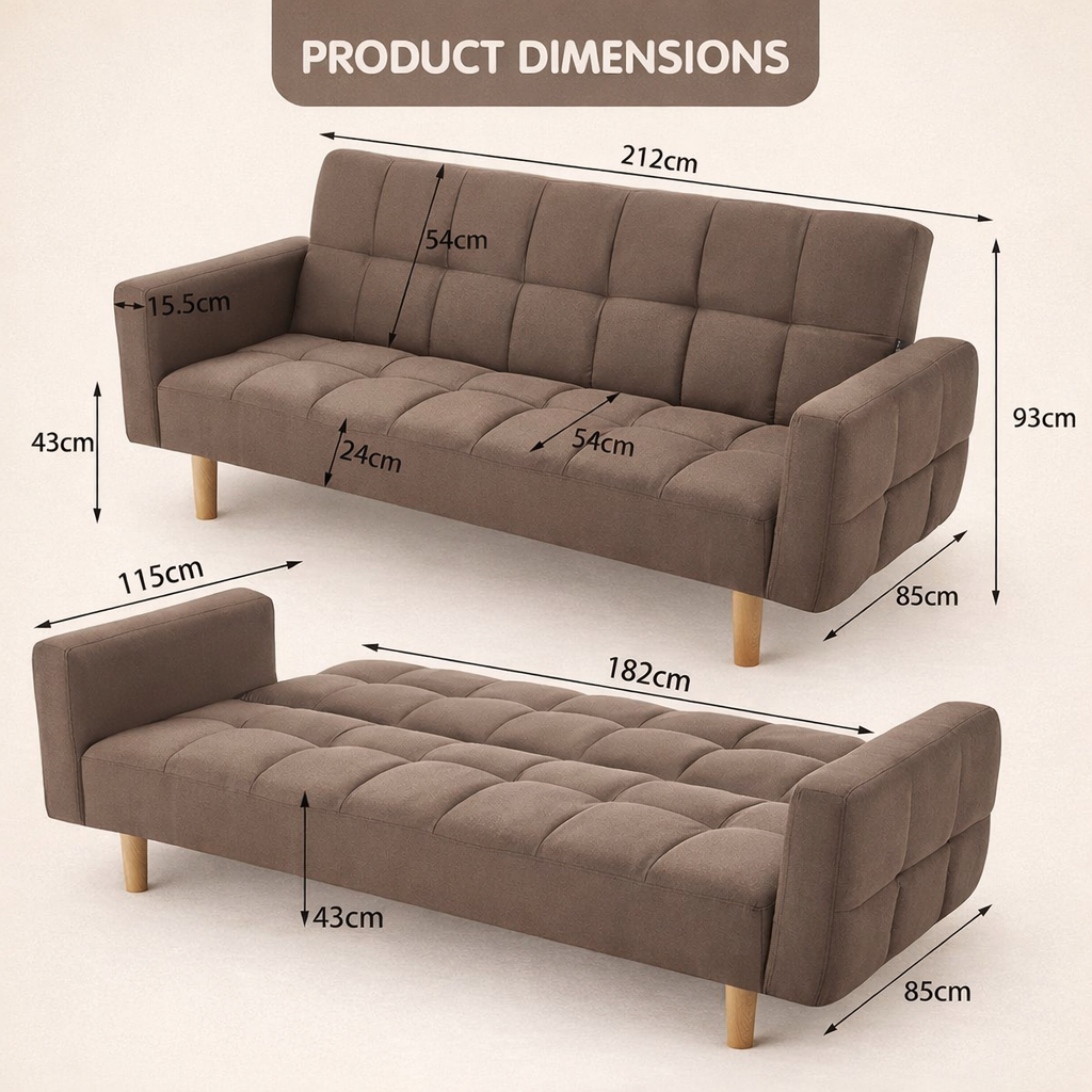 Brown 3-Seater Fabric Sofa Bed