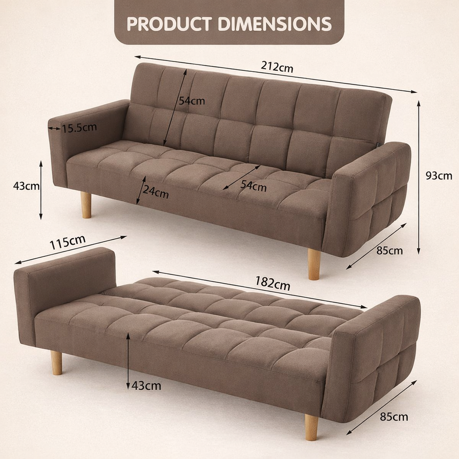 Brown 3-Seater Fabric Sofa Bed