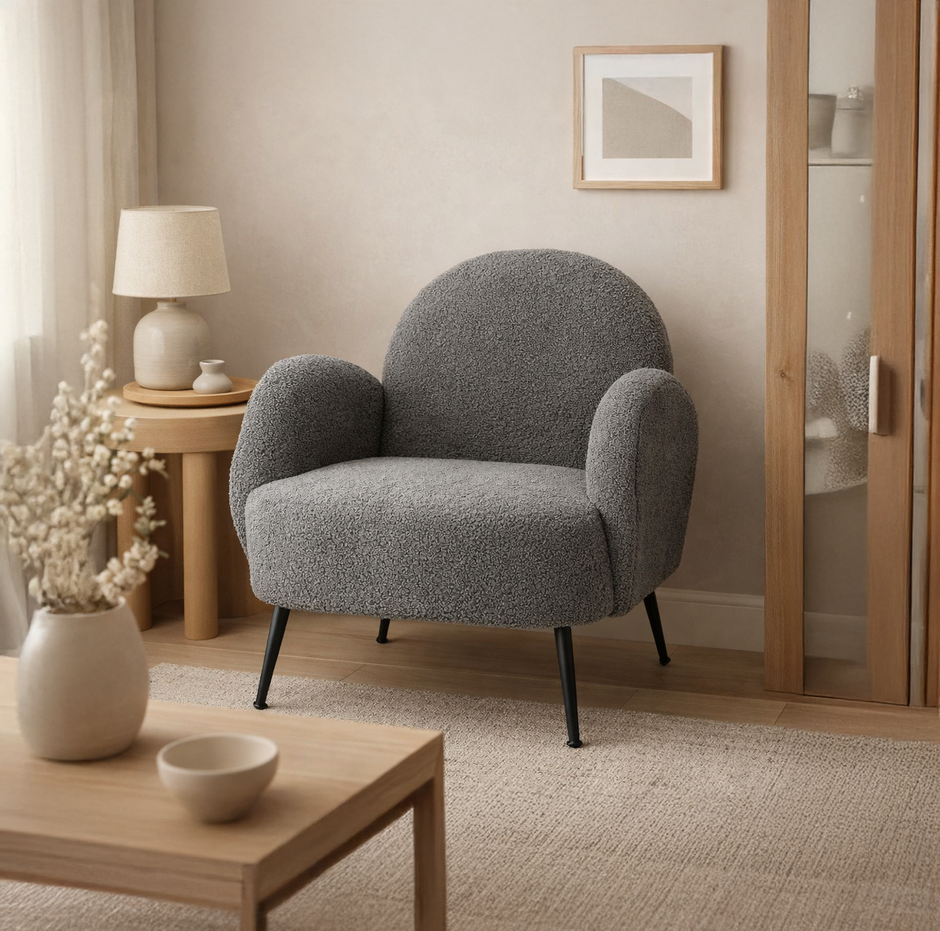 Charcoal Bouclé Armchair with Black Legs