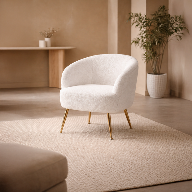 White Bouclé Accent Armchair with Gold Legs
