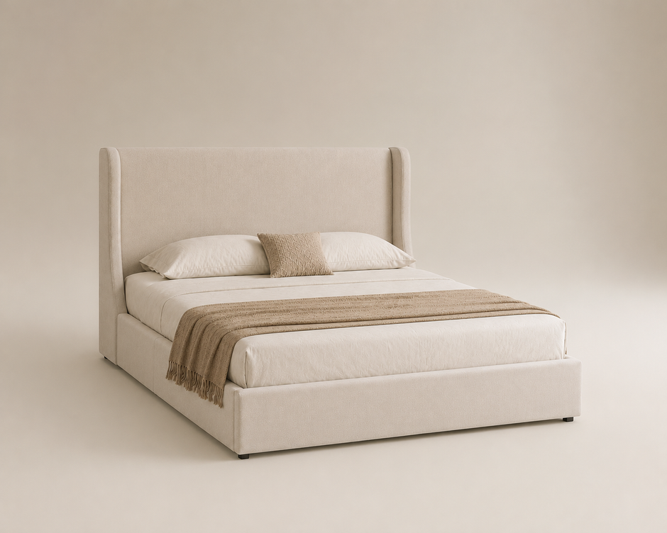 Beige Queen Faux Linen Storage Bed Frame