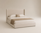 Beige Queen Faux Linen Storage Bed Frame