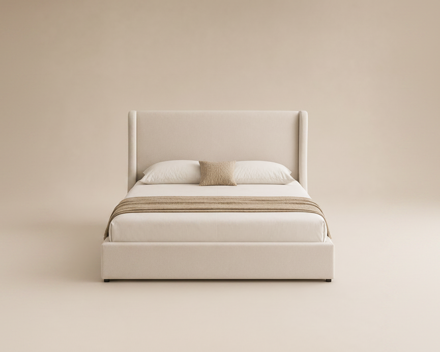 Beige Queen Faux Linen Storage Bed Frame