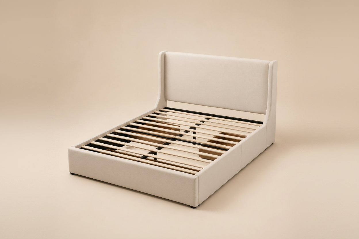 Beige Queen Faux Linen Storage Bed Frame