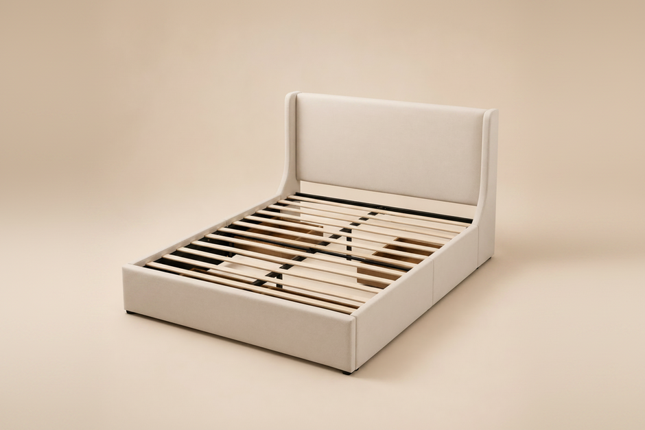 Beige Queen Faux Linen Storage Bed Frame