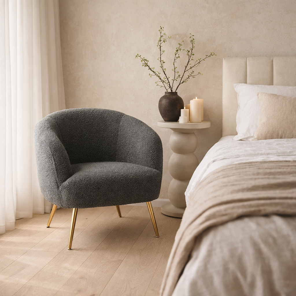 Charcoal Bouclé Accent Armchair with Gold legs