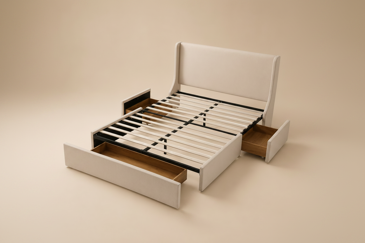 Beige Queen Faux Linen Storage Bed Frame