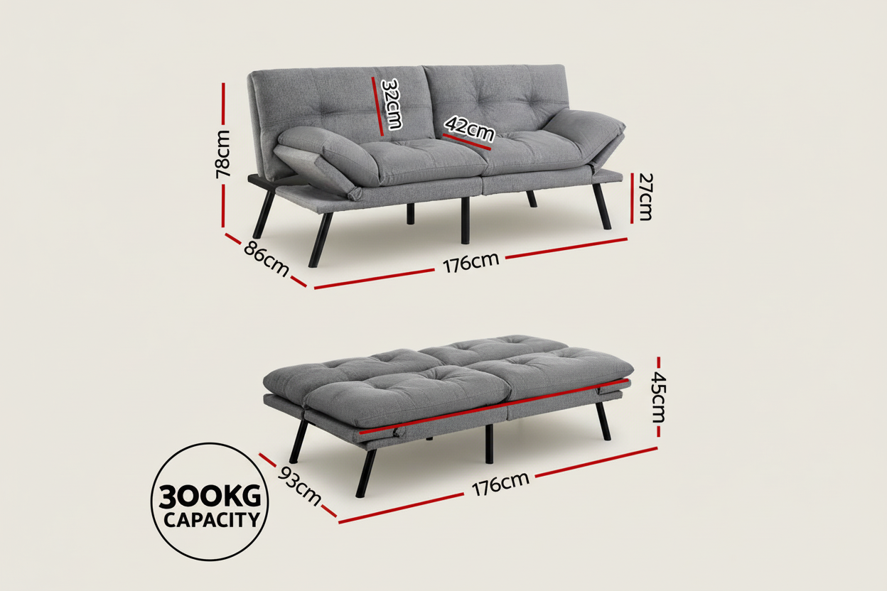 Grey 3-Seater Fabric Sofa Bed