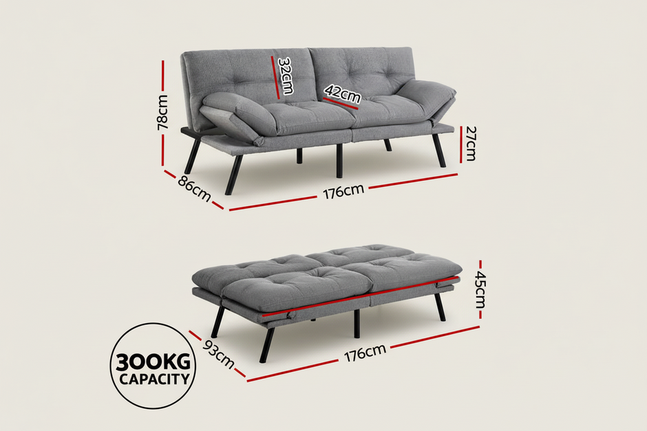 Grey 3-Seater Fabric Sofa Bed
