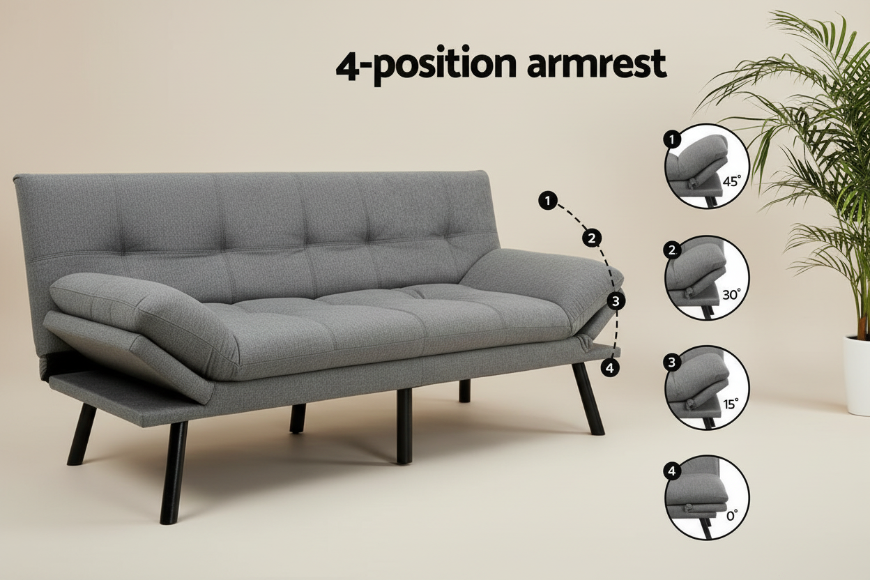 Grey 3-Seater Fabric Sofa Bed