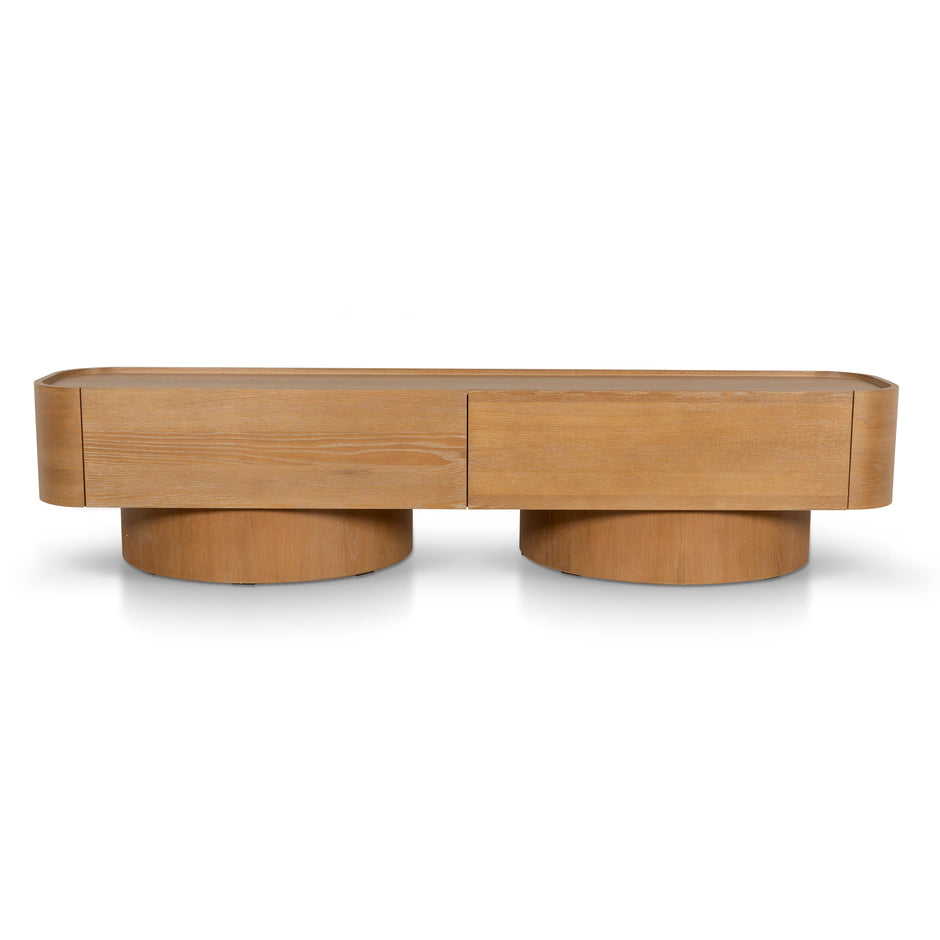 Dusty Oak TV unit with two drawers and sculptural arc base