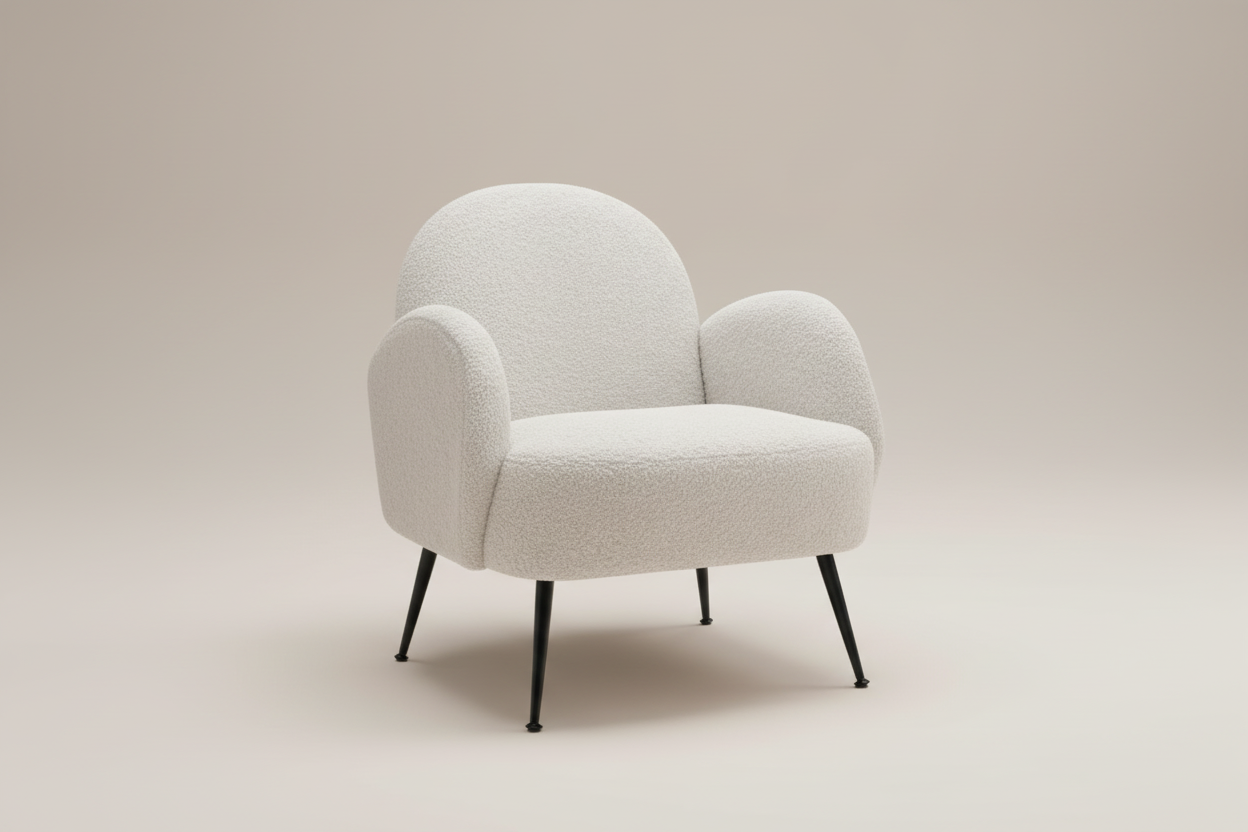 White Bouclé Armchair with Black Legs