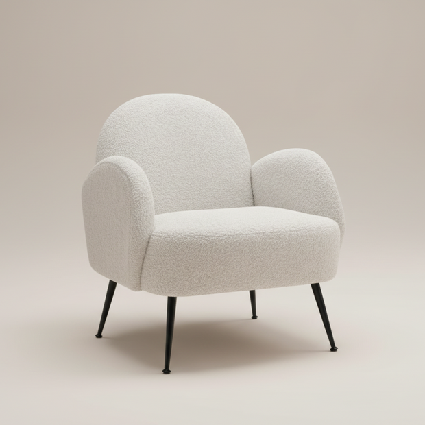 White Bouclé Armchair with Black Legs