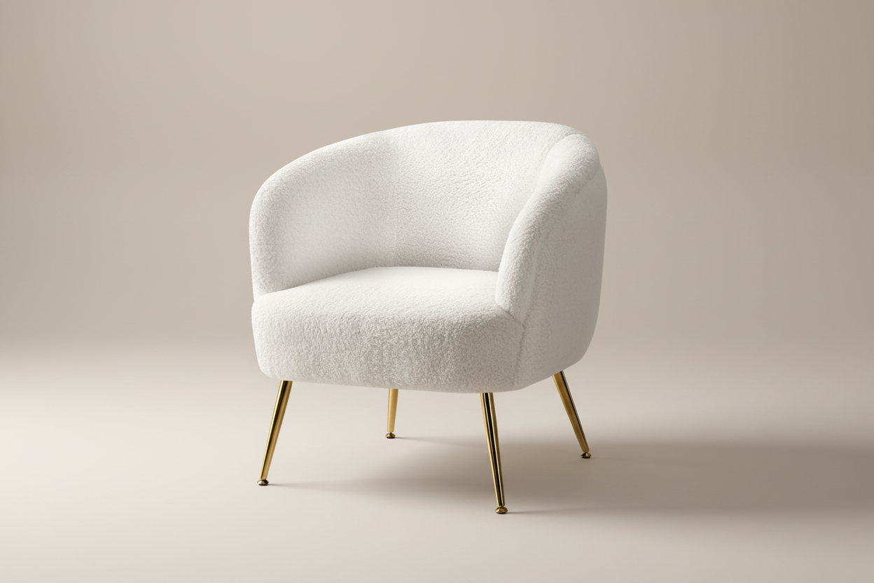 White Bouclé Accent Armchair with Gold Legs