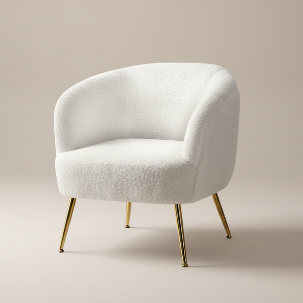 White Bouclé Accent Armchair with Gold Legs