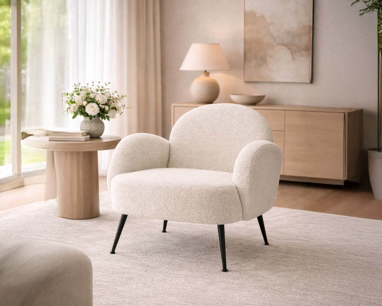 White Bouclé Armchair with Black Legs