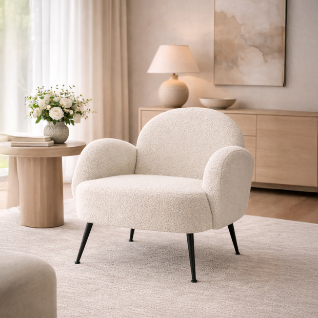White Bouclé Armchair with Black Legs